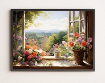 コテージガーデンの窓辺の風景画アートプリント：花の窓辺の風景画