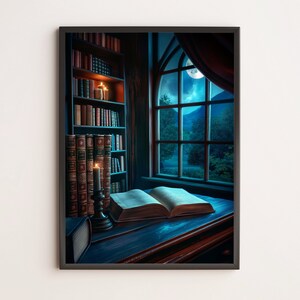 May include: A framed print depicts a cozy library scene. A large open book sits on a dark wooden desk, lit by candlelight. A bookshelf filled with books is visible, and a window reveals a moonlit night scene.