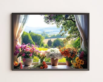 English Countryside Digital Print, Window View Floral View Artwork, Rustic Home Decor Download, Botanical Wall Art, Tranquil Nature Scene