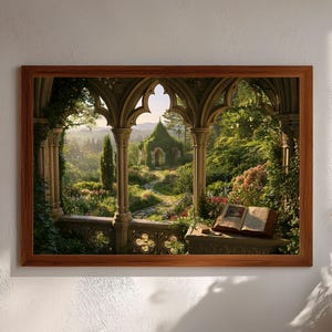 Puede incluir: Una impresión artística enmarcada que muestra un balcón de piedra con arcos góticos que da a un jardín exuberante con un pequeño cenador. Un libro abierto descansa sobre una repisa de piedra en primer plano bajo una luz cálida.