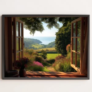 May include: A window with a view of a green valley and a blue ocean in the distance. The window is open and the curtains are drawn back. There are flowers in the foreground.