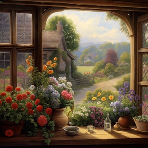 Window View Wall Art: English Cottage, Flower Garden View Digital Print, Faux Window Decor, Vibrant Photorealistic Scenery Painting