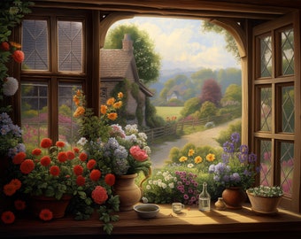 Window View Wall Art: English Cottage, Flower Garden View Digital Print, Faux Window Decor, Vibrant Photorealistic Scenery Painting