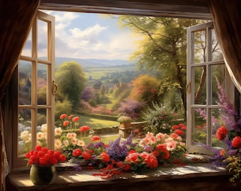 Window View Wall Art English Countryside and Garden Flowers Digital Image Nature Window Home Decor Printable Art Painting