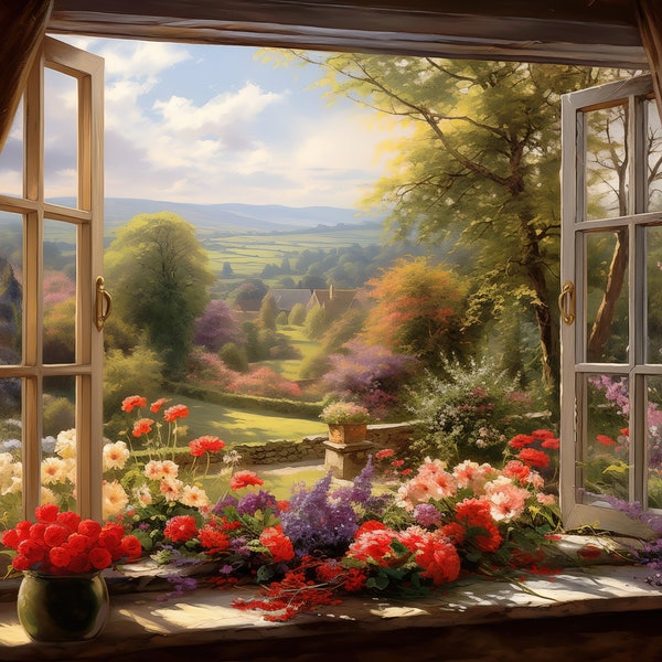 Window View Wall Art English Countryside and Garden Flowers Digital Image Nature Window Home Decor Printable Art Painting