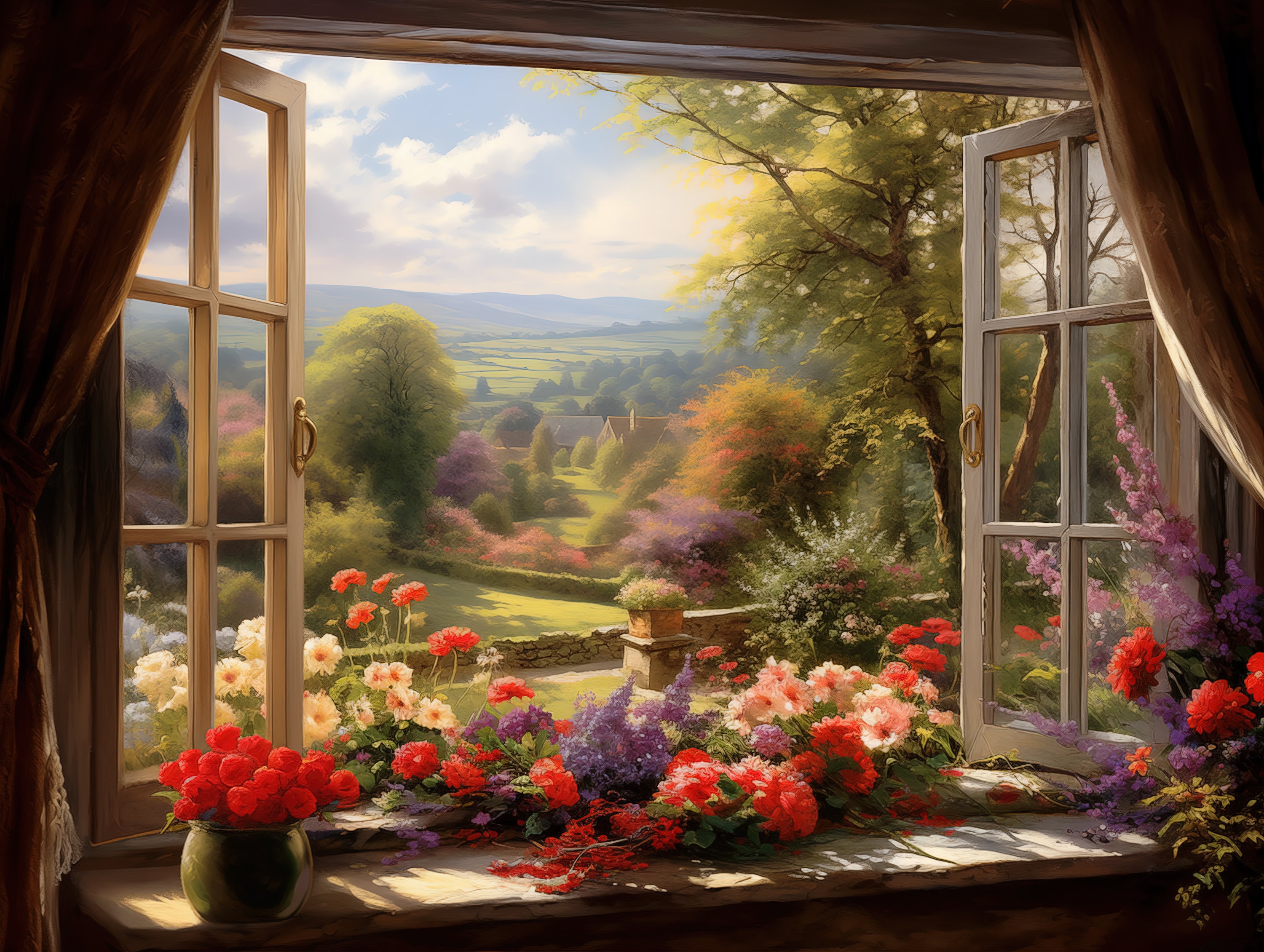 Window View Wall Art English Countryside and Garden Flowers Digital