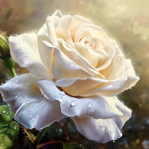 Peut inclure: Une seule rose blanche avec des gouttes de rosée sur les pétales. La rose est nette et l'arrière-plan est flou.