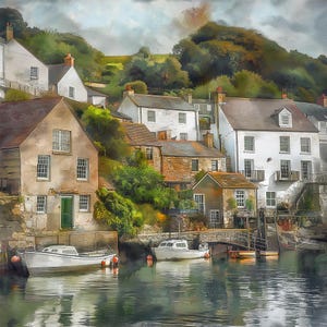 May include: A watercolor painting of a quaint village nestled along a river. The houses are white with brown roofs and are clustered together on a hillside. There are boats docked in the river, and the water is a calm blue.