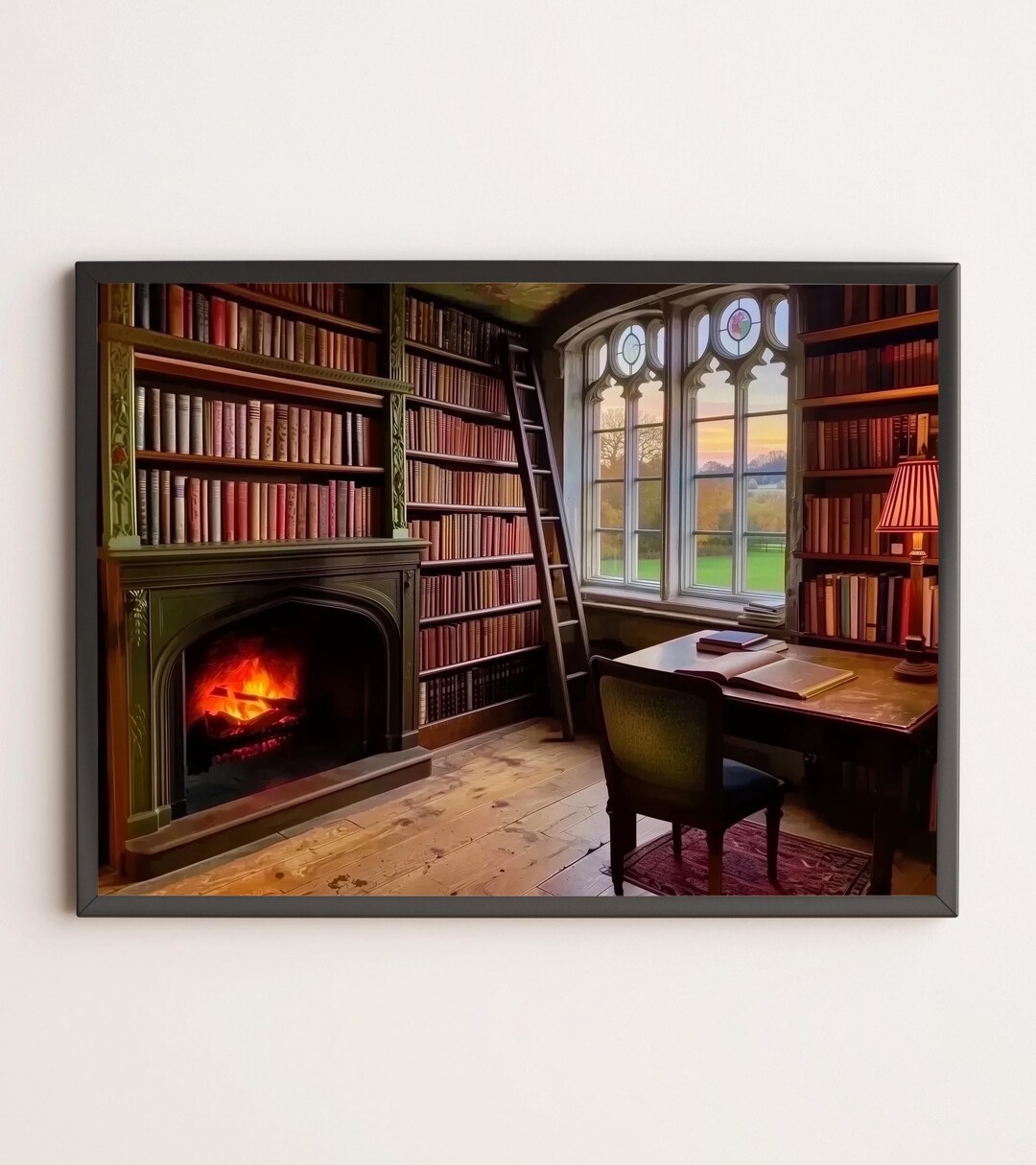 Cozy Library Scene - Vintage Fireplace and Stained Glass Window View ...