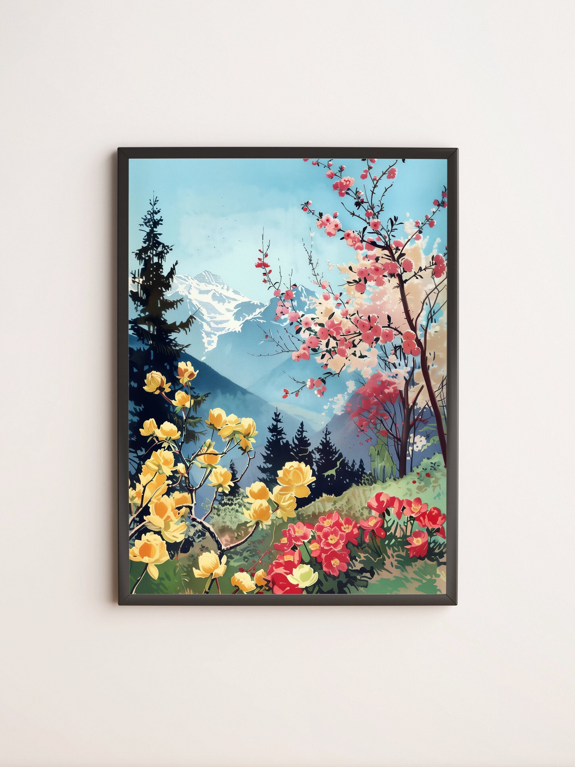 Vintage Mountain Spring Scene Digital Print - Botanical Art, Yellow and Pink Flowers, Nature Illustration, Instant Download Wall Art Nouveau