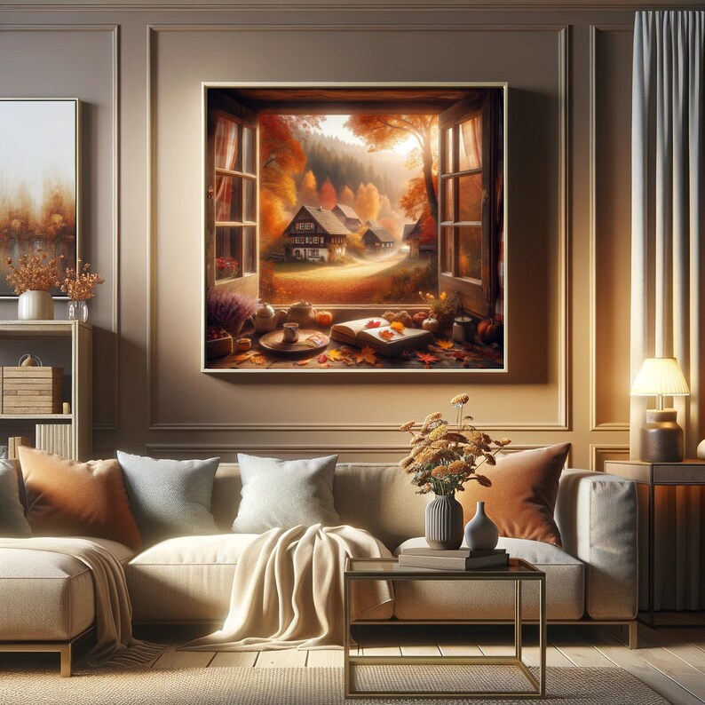 Autumn Village Digital Print - Cozy Fall Window View Scenery With ...