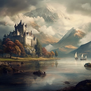 Vintage Scotland Castle Art Print: Mountain Lake Boat Landscape - Beautiful Clouds Painting - Scottish Painting