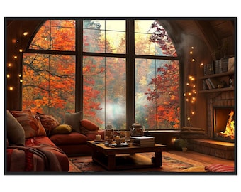 Puede incluir: Una acogedora sala de estar con una gran ventana que da a un vibrante bosque otoñal. Un sofá rojo, una mesa de centro y una chimenea crean un ambiente cálido, realzado por luces de cadena.