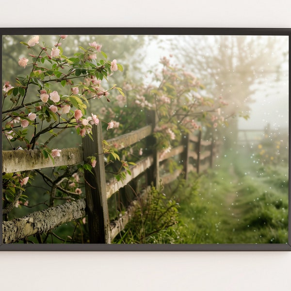 Early Spring English Hedgerow Digital Art Print - Misty Morning Light, Delicate Blooms, Serene Landscape, Fine Art Photorealistic