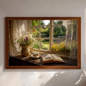 May include: A framed print depicting a window scene. A vase of white and purple flowers sits on a wooden windowsill, alongside a teacup and saucer, and an open book. The window overlooks a garden.