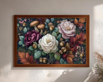 Arte de parede botânica de outono para impressão – Download digital de cogumelo floral escuro e bolota
