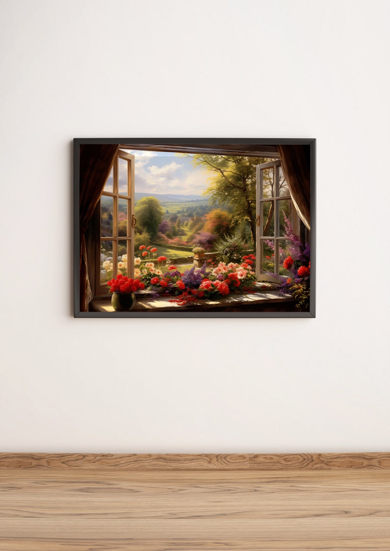 Window View Wall Art English Countryside and Garden Flowers Digital