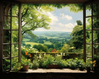 Rural England Landscape Panoramic Window View Digital Art Photorealistic Countryside Nature Scene