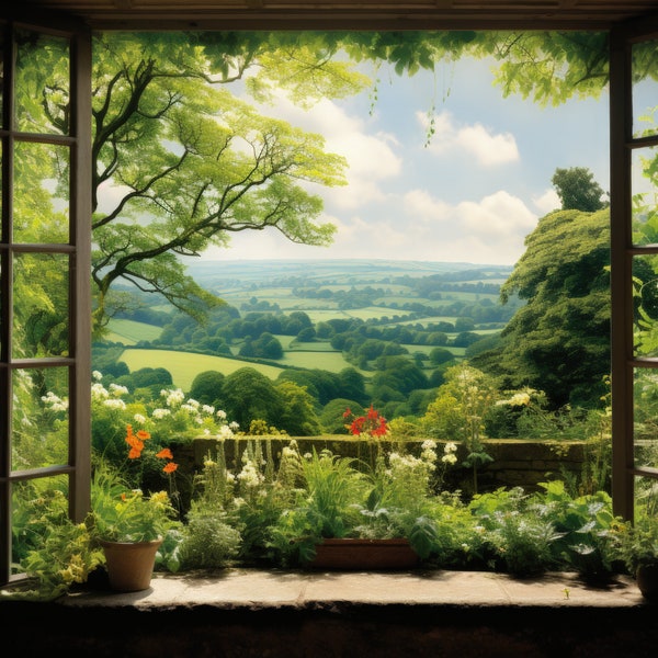 Rural England Landscape Panoramic Window View Digital Art Photorealistic Countryside Nature Scene