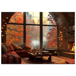 Autumn Cottage Window Wall Art - Cozy Fall Landscape Print - Rustic Living Room Decor - Unframed Premium Matte Poster - Cottagecore
