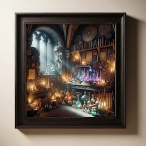 Op de afbeelding: Een donkere, met steen gemetselde kamer met een groot raam en een werkbank vol glazen flessen met kleurrijke vloeistoffen. De kamer is verlicht met kaarsen en heeft een mysterieuze, magische sfeer.