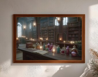 Dark Academia Potion Library Wall Art - Printable Wizard Study Decor, Gothic Candlelight Digital Download, Fantasy Apothecary Art Print