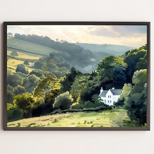 Puede incluir: Una casa blanca con un techo verde se encuentra en una colina con vistas a un valle. El valle está cubierto de árboles verdes y colinas onduladas. El cielo es de un azul claro con nubes blancas.