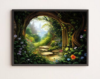 魅惑的な庭のアーチ道のデジタルアート - 緑豊かな森の小道のプリント、魔法の田舎の風景 - ダウンロード可能な壁アート