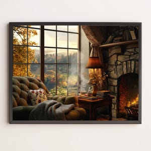 Cozy English Cottage Interior with Autumn View, Tufted Chair, Fireplace & Golden Countryside | Fall Digital Wall Art for Home Decor Download