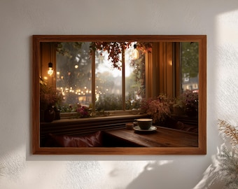 Cozy Autumn Café Wall Art • Rainy Window Coffee Print • Rustic Digital Download for Home Decor