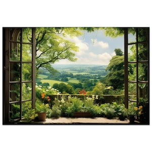May include: A digital art print depicting a picturesque landscape seen through an open window. The window reveals a verdant valley, rolling hills, and a bright blue sky with clouds. The window sill is adorned with potted plants and colourful flowers.