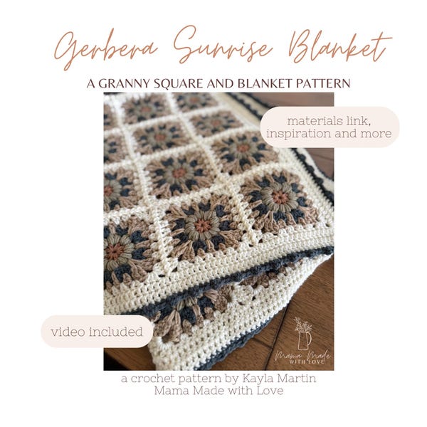 Gerbera Sunrise Crochet Blanket Pattern, Granny Square Afghan, Video Support (Digital Download)