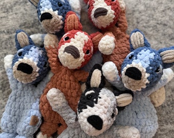 Puppy Knotted Lovey, Blue Heeler Dog Knotted Lovey, Bluey Inspired Toy, Baby Shower Gift, Toddler Gift, Handmade Crochet Lovey