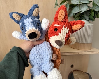 Crochet Blue Heeler Dog Knotted Lovey, Bluey Inspired Plush Toy, Baby Shower Gift, Snuggler
