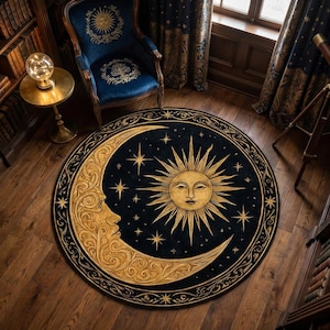 Celestial Sun and Moon Round Rug – Mystical Boho Style Black and Gold Carpet with Vintage Cosmic Design for Spiritual Home Decor