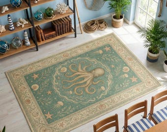 Vintage Ocean Octopus Rug – Nautical Sea Life Design with Shells and Stars, Coastal Marine Decor Rug for Living Room & Bedroom, Seashell Rug