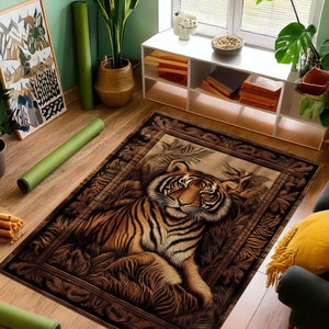 Vintage Tiger Rug, Big Cat Rug, Antique Look Rug, Maximalist Decor, Traditional Rug, Decorative Rug For Bold Decor, Wild Cat Sepia Color Rug