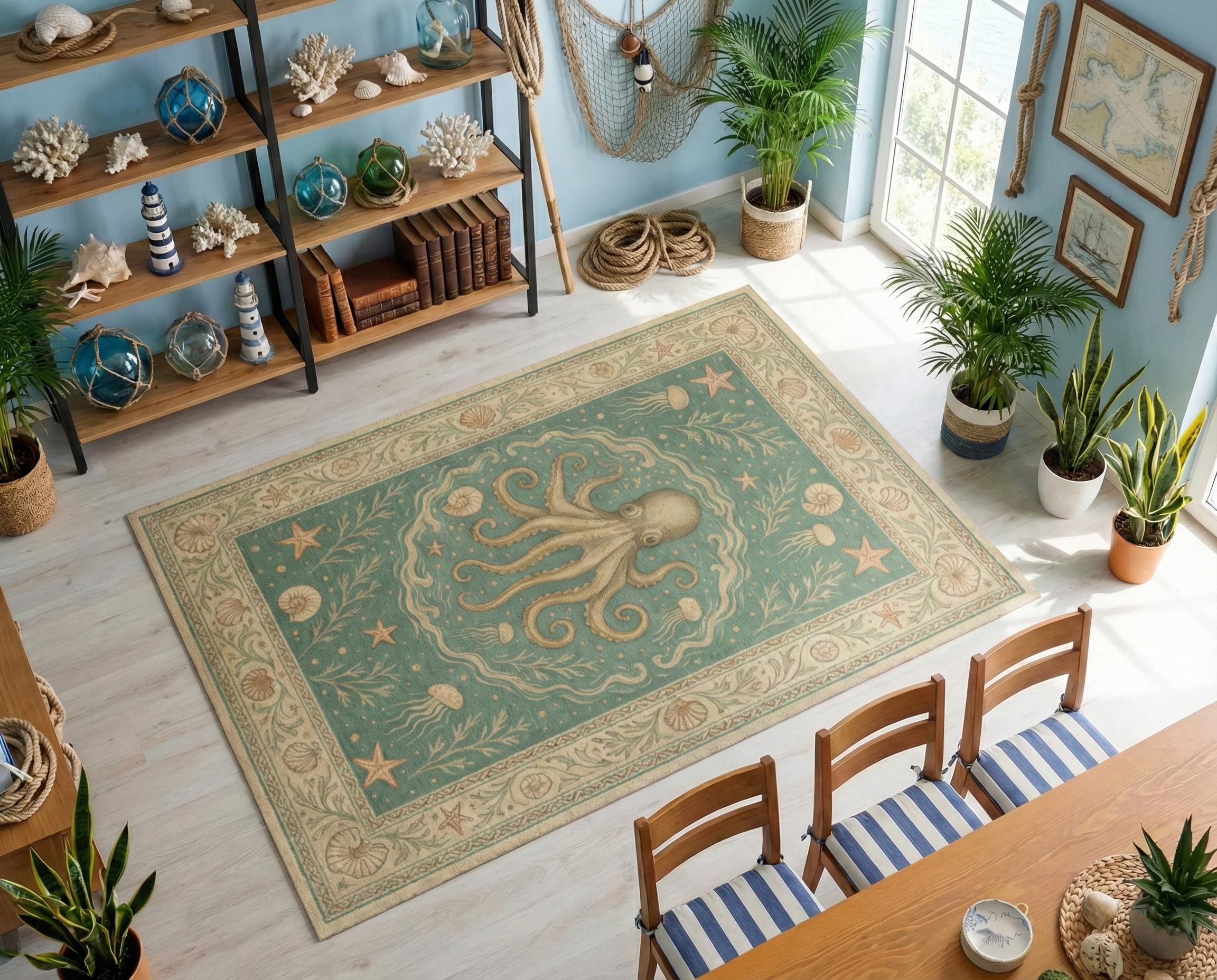 Vintage Ocean Octopus Rug – Nautical Sea Life Design With Shells and ...