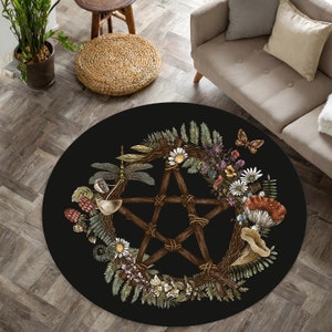Pentagram Mat, Psychedelic Gothic Magic Round Rug, Pentagram Carpet, Gothic Witch Decor, Goth Harajuku Round Rug