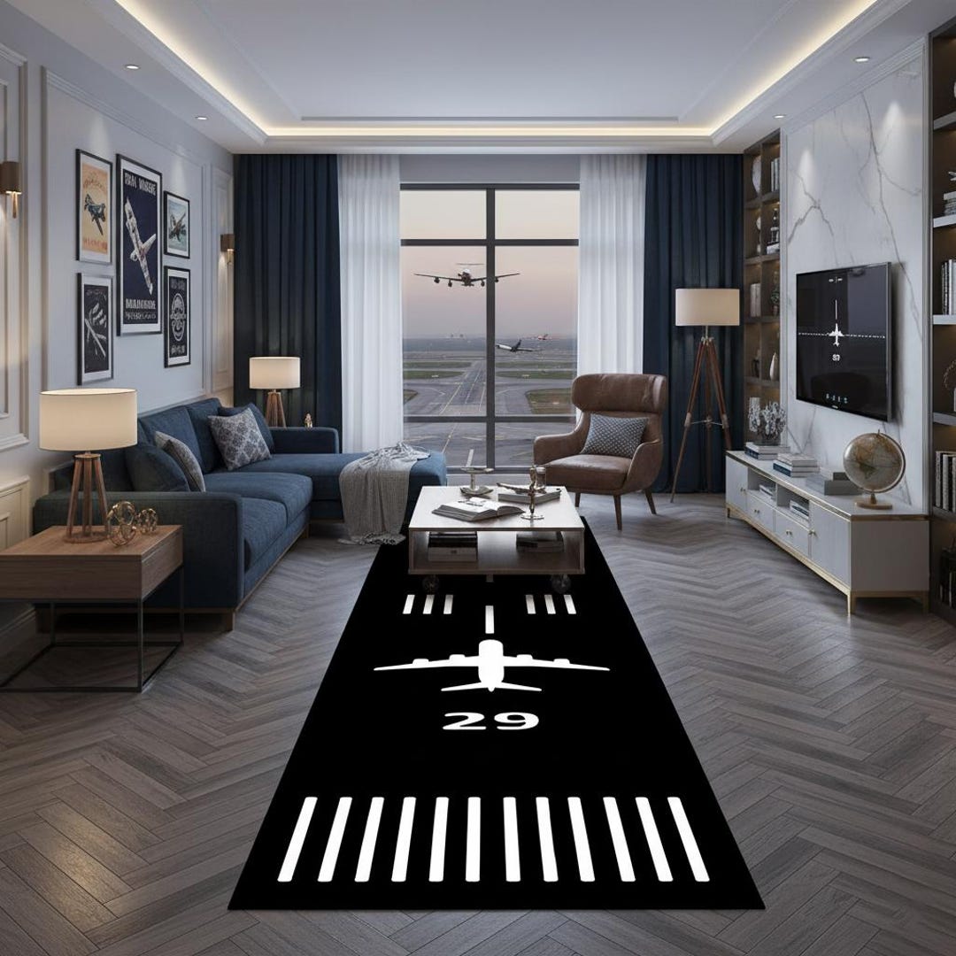 Flight Line Rug Kids Airplane Runway Rug, Black Aircraft Runway Play Carpet, Long ...