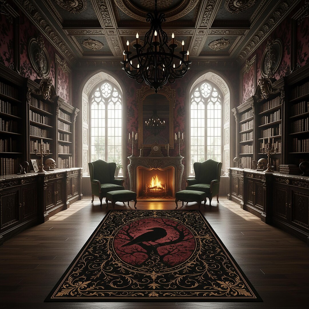 Gothic Rug For Library Gothic Raven Rug, Dark Academia Red Black Carpet, Victorian Gothic Area ...