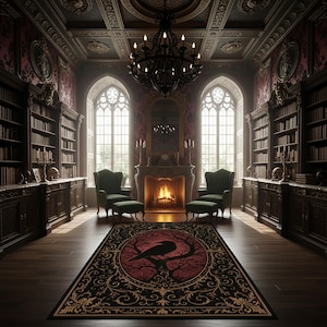 Alfombra gótica de cuervo, alfombra roja y negra de Dark Academia, alfombra gótica victoriana, decoración de witchcore de cuervo y luna, alfombra de estética oculta imagen 1