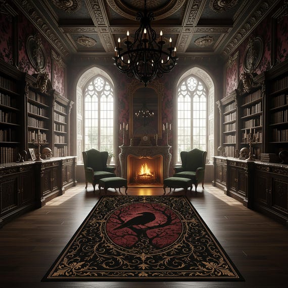 Gothic Raven Rug, Dark Academia Red Black Carpet, Victorian Gothic Area Rug, Crow and Moon Witchcore Decor, Occult Aesthetic Rug