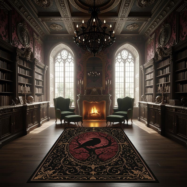 Alfombra gótica de cuervo, alfombra roja y negra de Dark Academia, alfombra gótica victoriana, decoración de witchcore de cuervo y luna, alfombra de estética oculta imagen 1