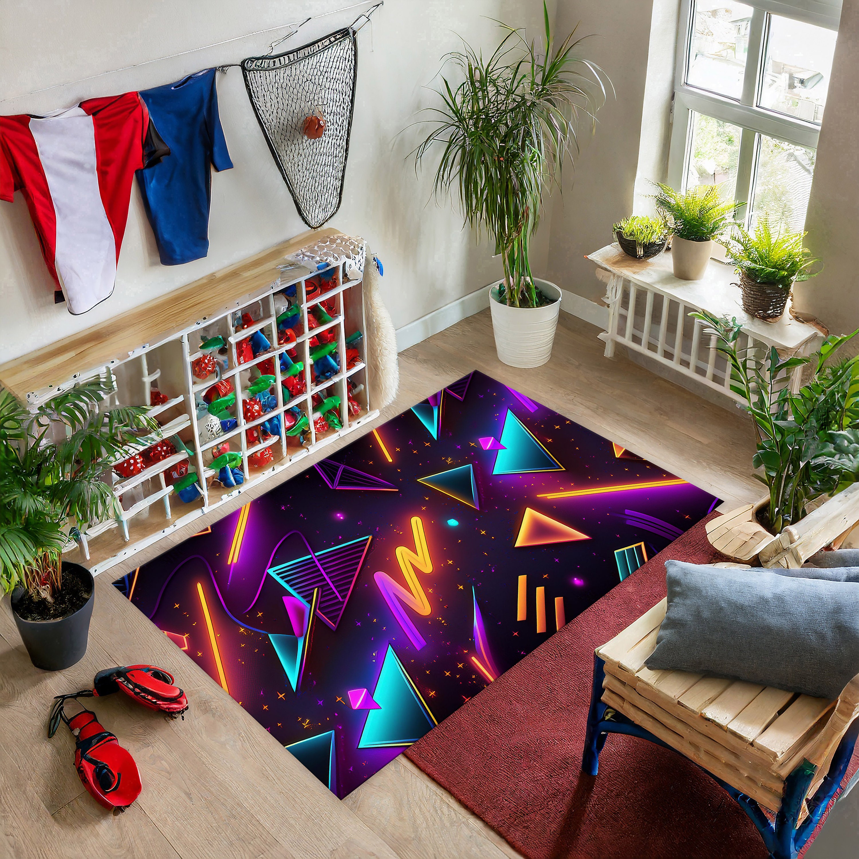 レトロな80年代のアーケードラグ：カラフルなゲームフロアマット