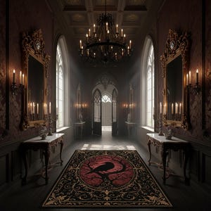 Alfombra gótica de cuervo, alfombra roja y negra de Dark Academia, alfombra gótica victoriana, decoración de witchcore de cuervo y luna, alfombra de estética oculta imagen 2