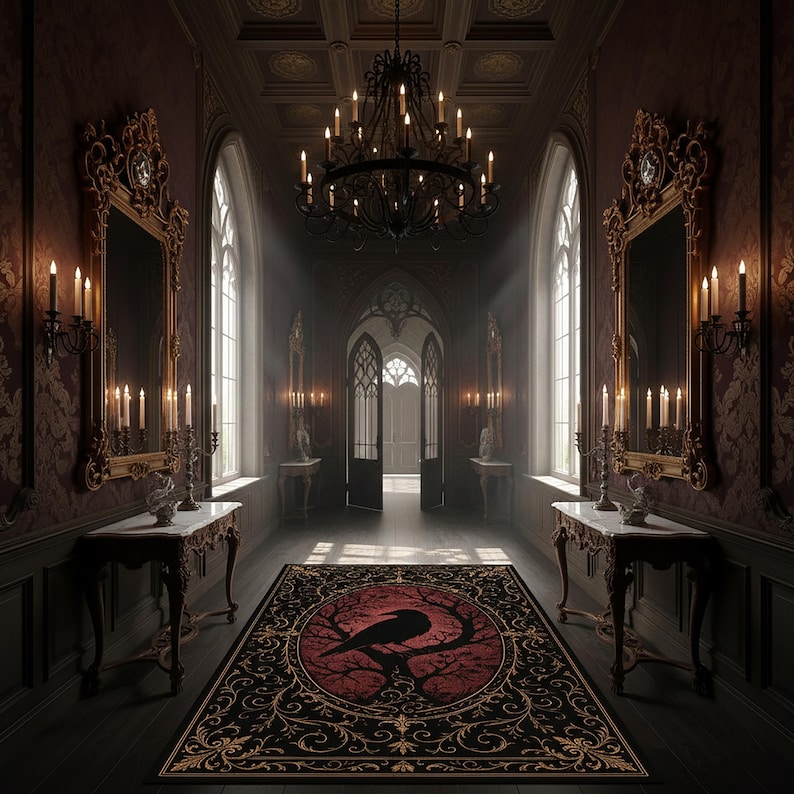 Alfombra gótica de cuervo, alfombra roja y negra de Dark Academia, alfombra gótica victoriana, decoración de witchcore de cuervo y luna, alfombra de estética oculta imagen 2