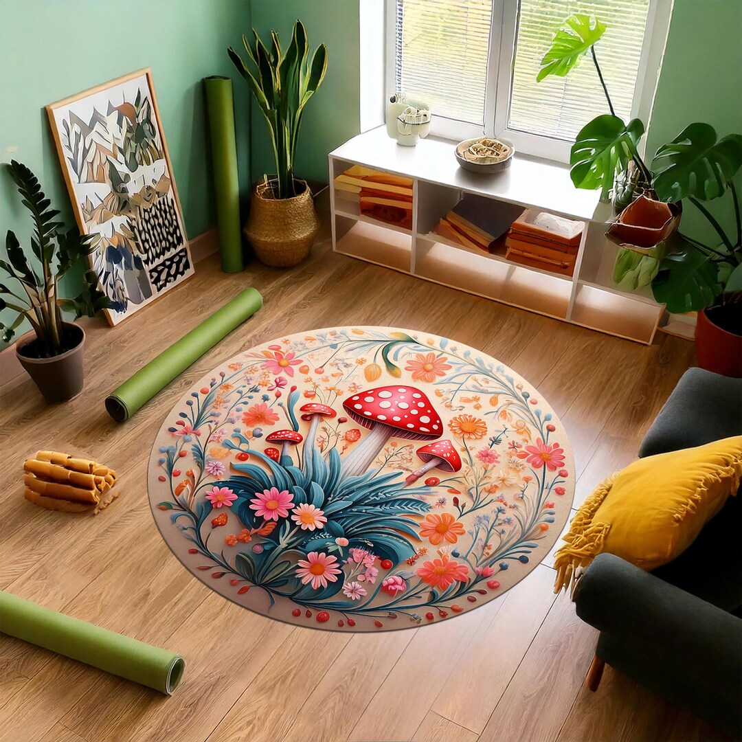 Colorful Mushroom Round Rug, Colorful Round Hippy Carpet for Bedroom ...