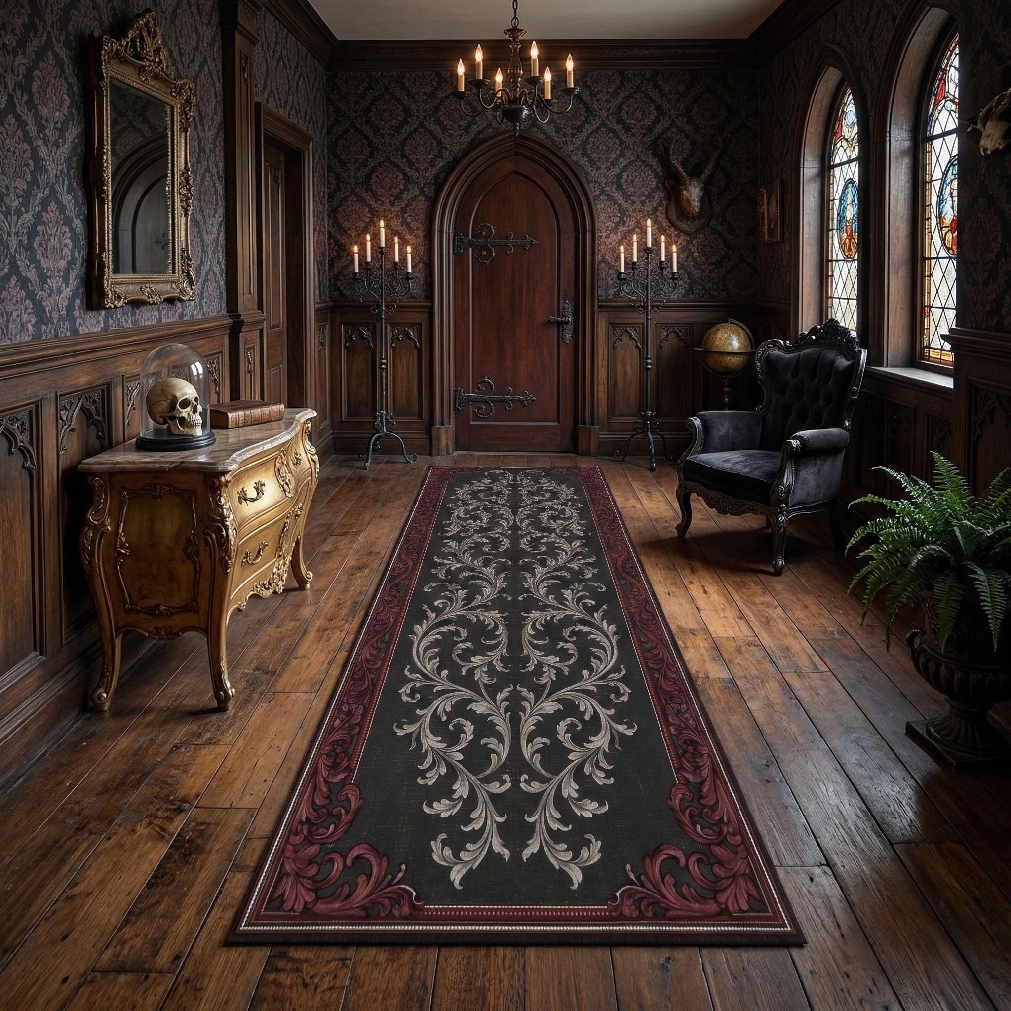 Gothic Baroque Hallway Runner Rug With Vintage Ornamental Scroll ...