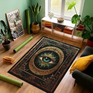 Mystic All-Seeing Eye Rug – Occult Decor Carpet with Vintage Gold Frame and Botanical Details | Esoteric Room or Meditation Mat